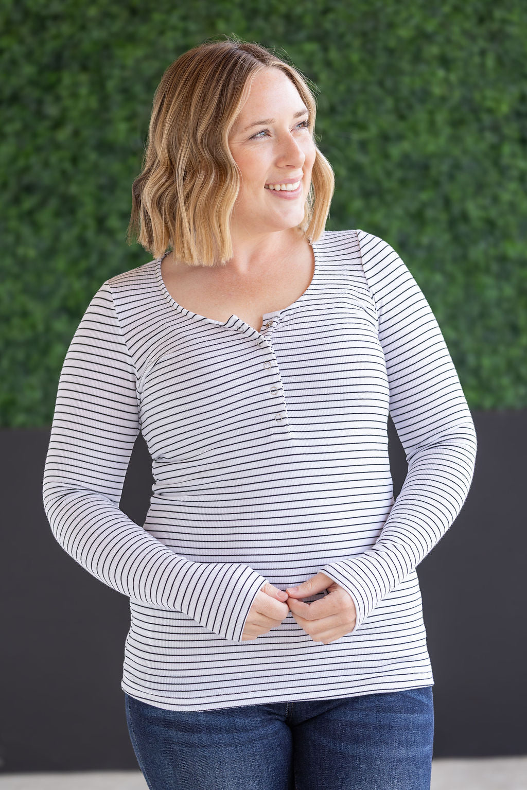 Striped Henley Long Sleeve - White