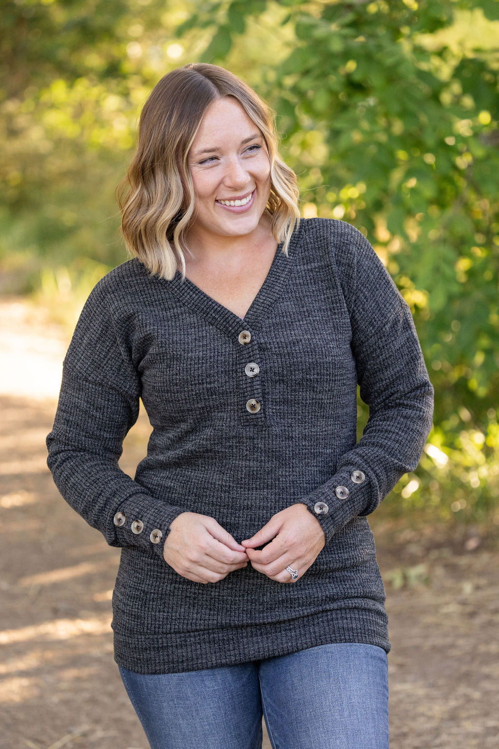 Brittney Button Sweater - Charcoal | Women's Long Sleeve