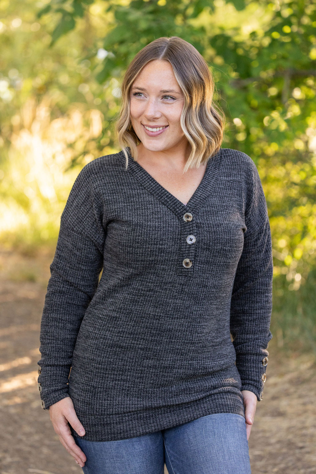 Brittney Button Sweater - Charcoal | Women's Long Sleeve