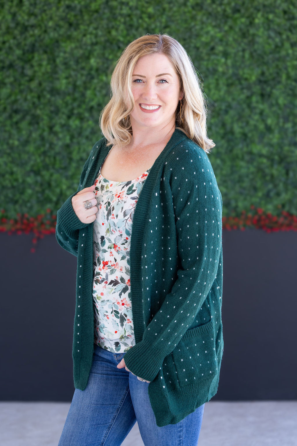 Dalilah Dot Cardigan - Forest Green