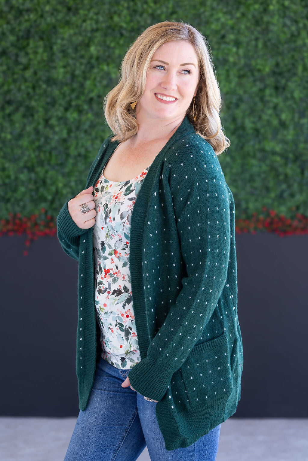 Dalilah Dot Cardigan - Forest Green