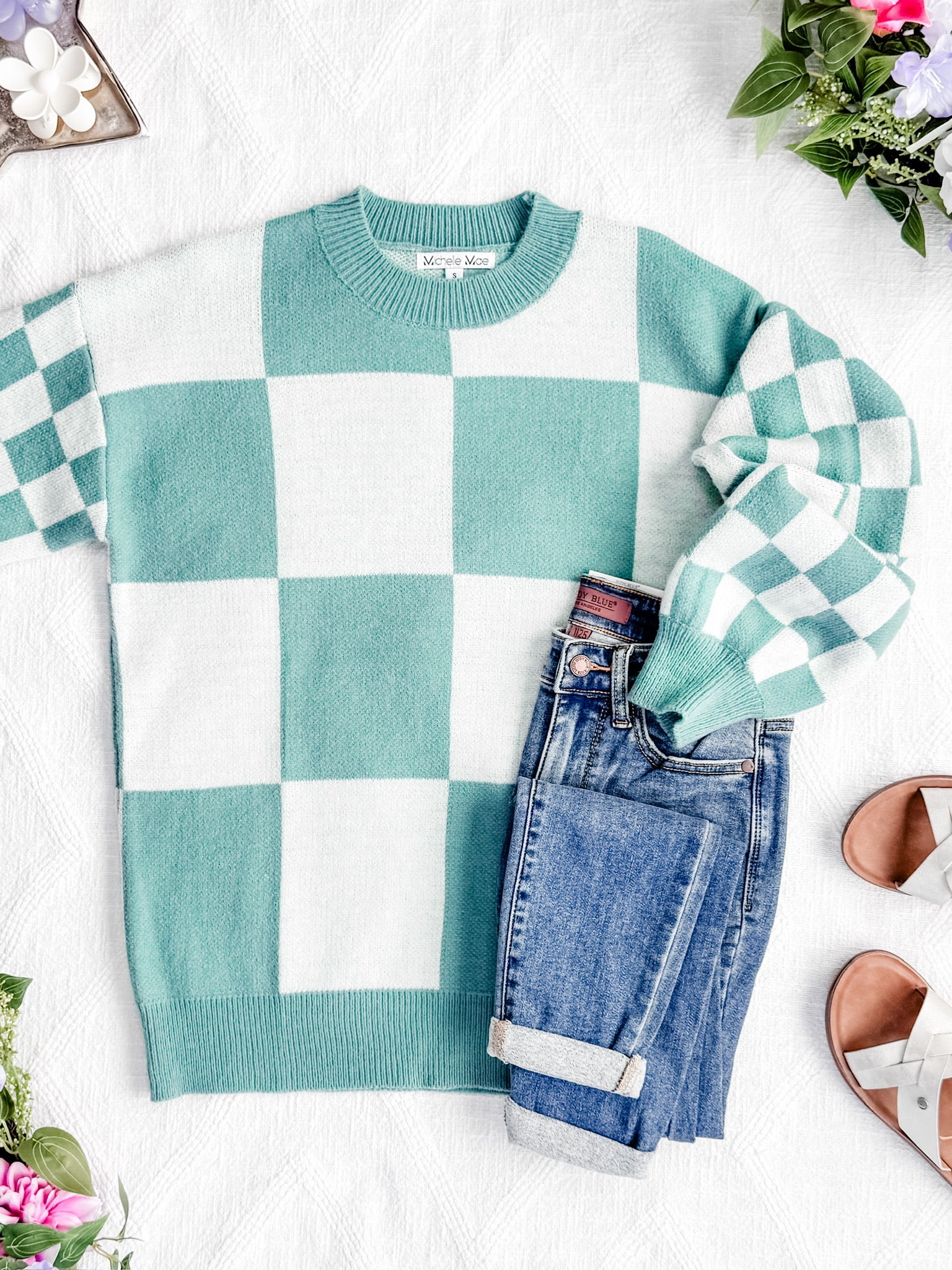 Checkered Pullover Sweater - Dusty Jade