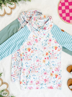 Zoey ZipCowl Sweatshirt - Watercolor Floral and Stripes