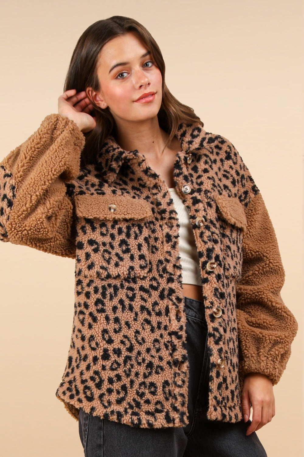 VERY J Fuzzy Leopard Button Down Long Sleeve Jacket