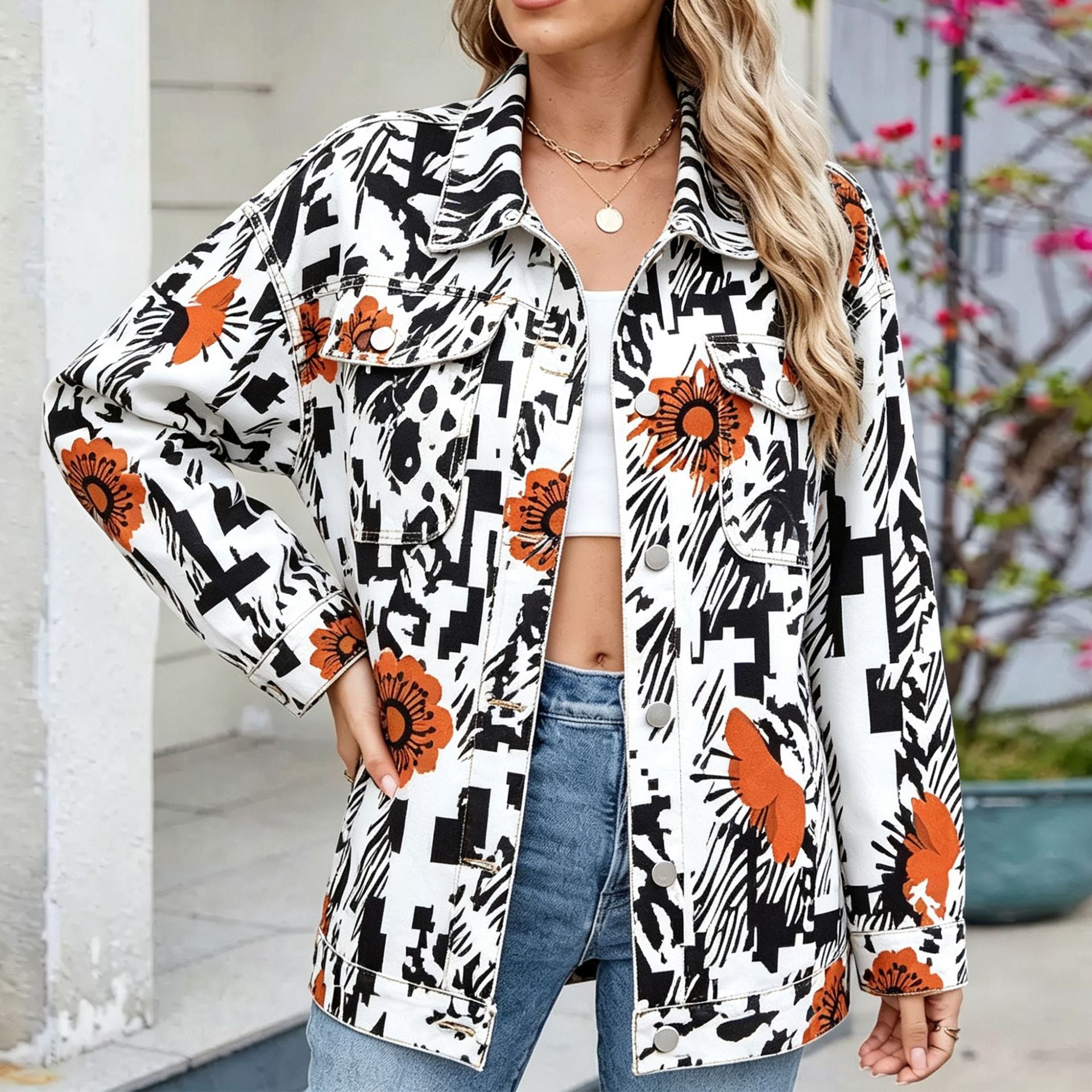 Women's Botanical Print Drop-Shoulder Denim Jacket