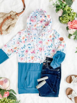 Hailey Pullover Hoodie - Watercolor Floral + Blue