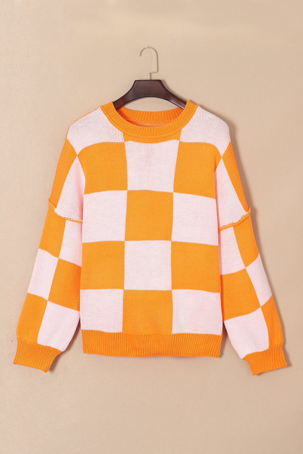 Checker Exposed Seam Drop Shoulder Long Sleeve Sweater