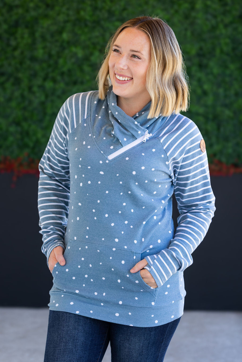 Zoey ZipCowl Sweatshirt - Teal Dots and Stripes