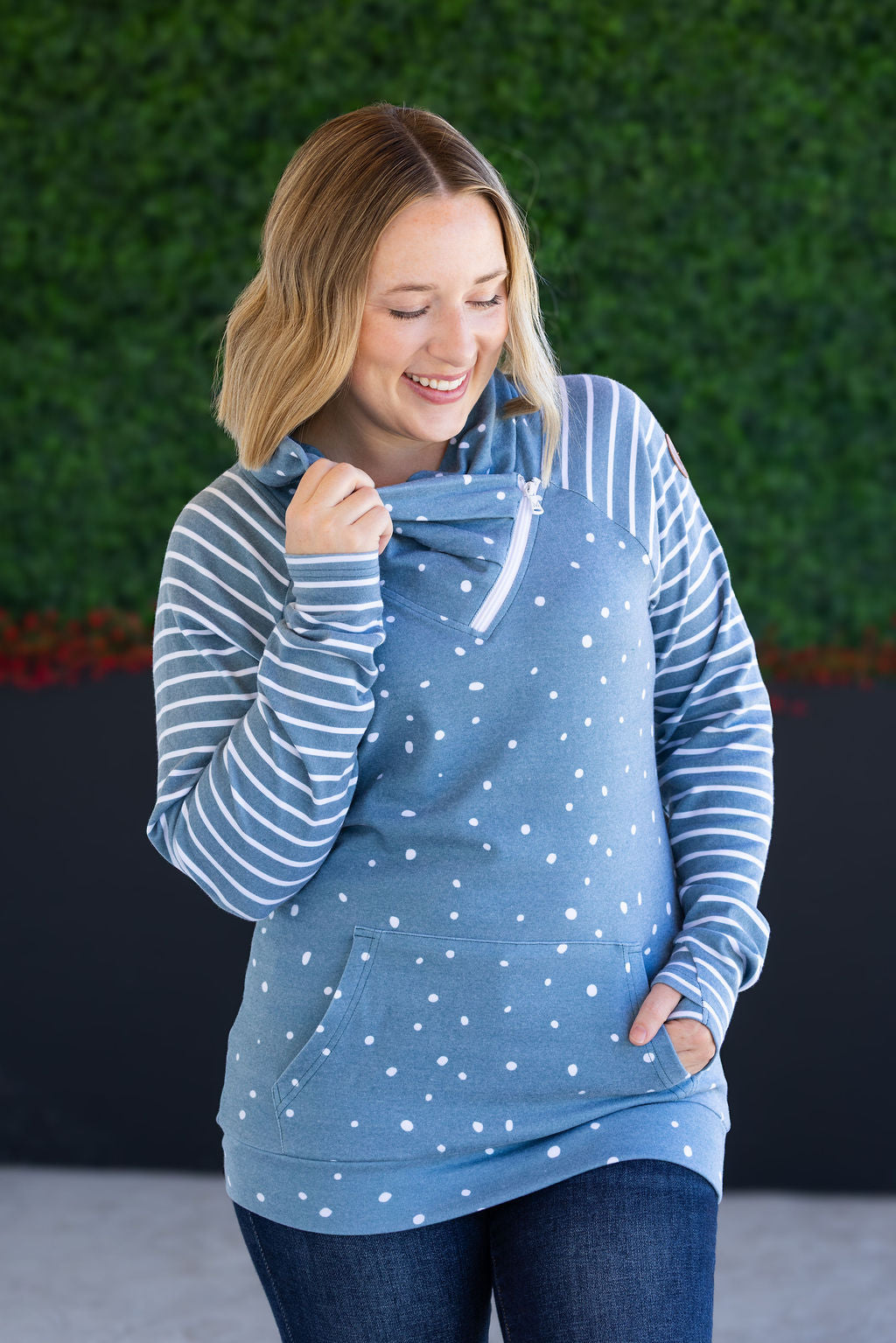 Zoey ZipCowl Sweatshirt - Teal Dots and Stripes