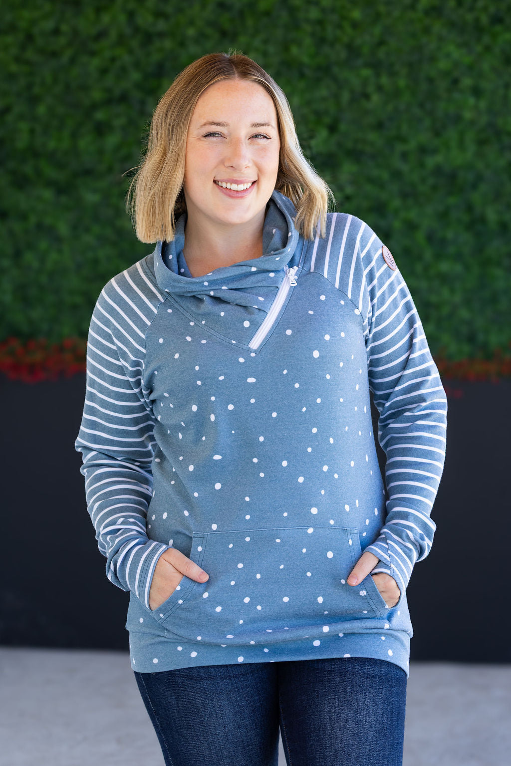 Zoey ZipCowl Sweatshirt - Teal Dots and Stripes