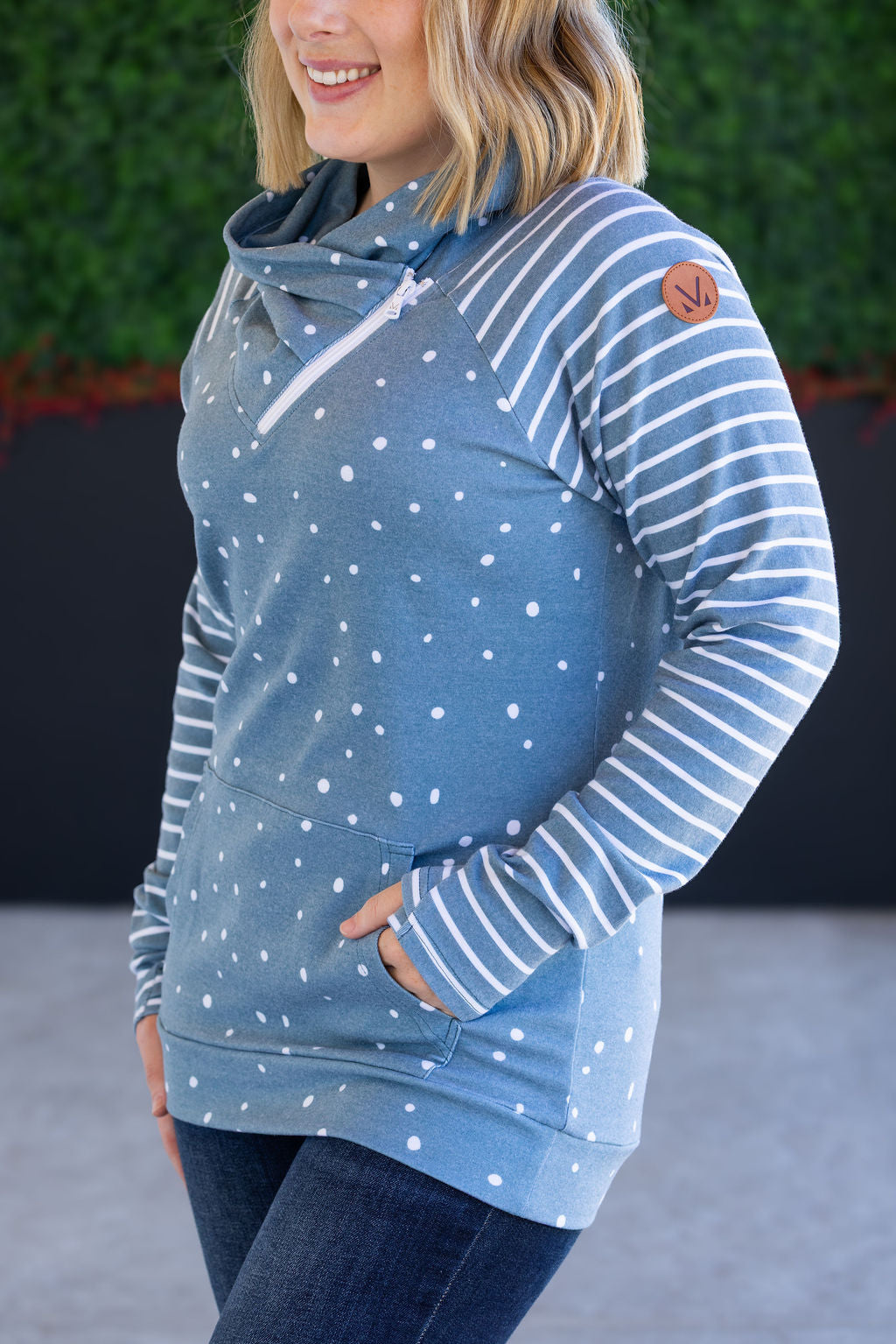 Zoey ZipCowl Sweatshirt - Teal Dots and Stripes