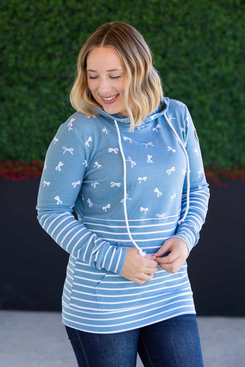 Hailey Pullover Hoodie - Teal Ribbons and Stripes