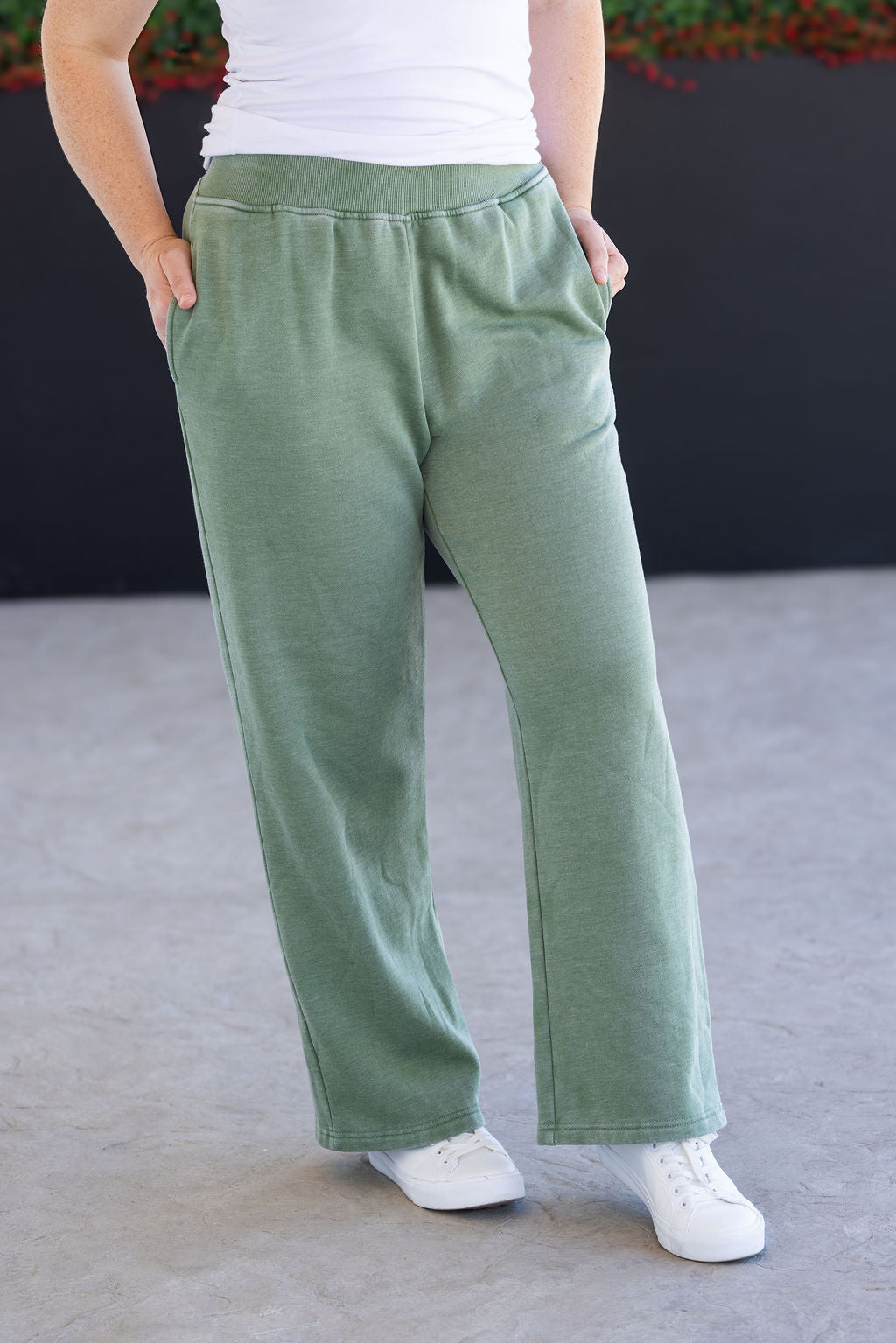 Wide Leg Vintage Wash Bottoms - Olive