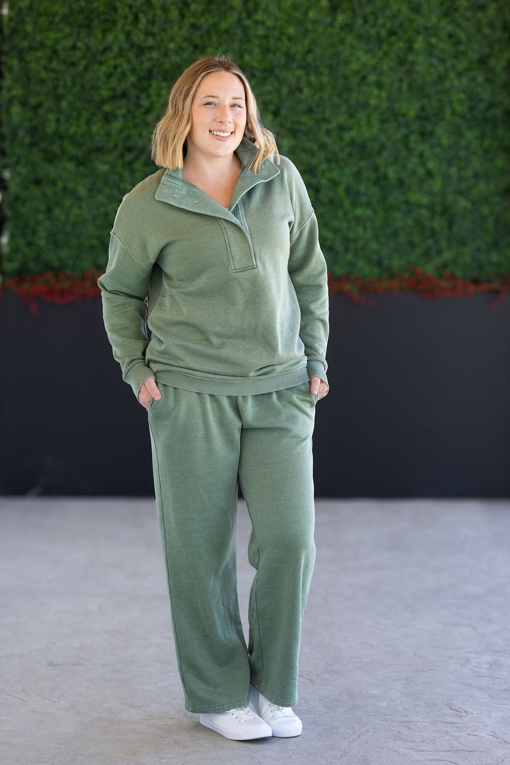 Wide Leg Vintage Wash Bottoms - Olive