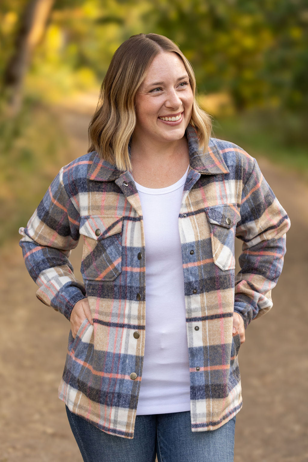 Norah Plaid Shacket - Tan and Blue