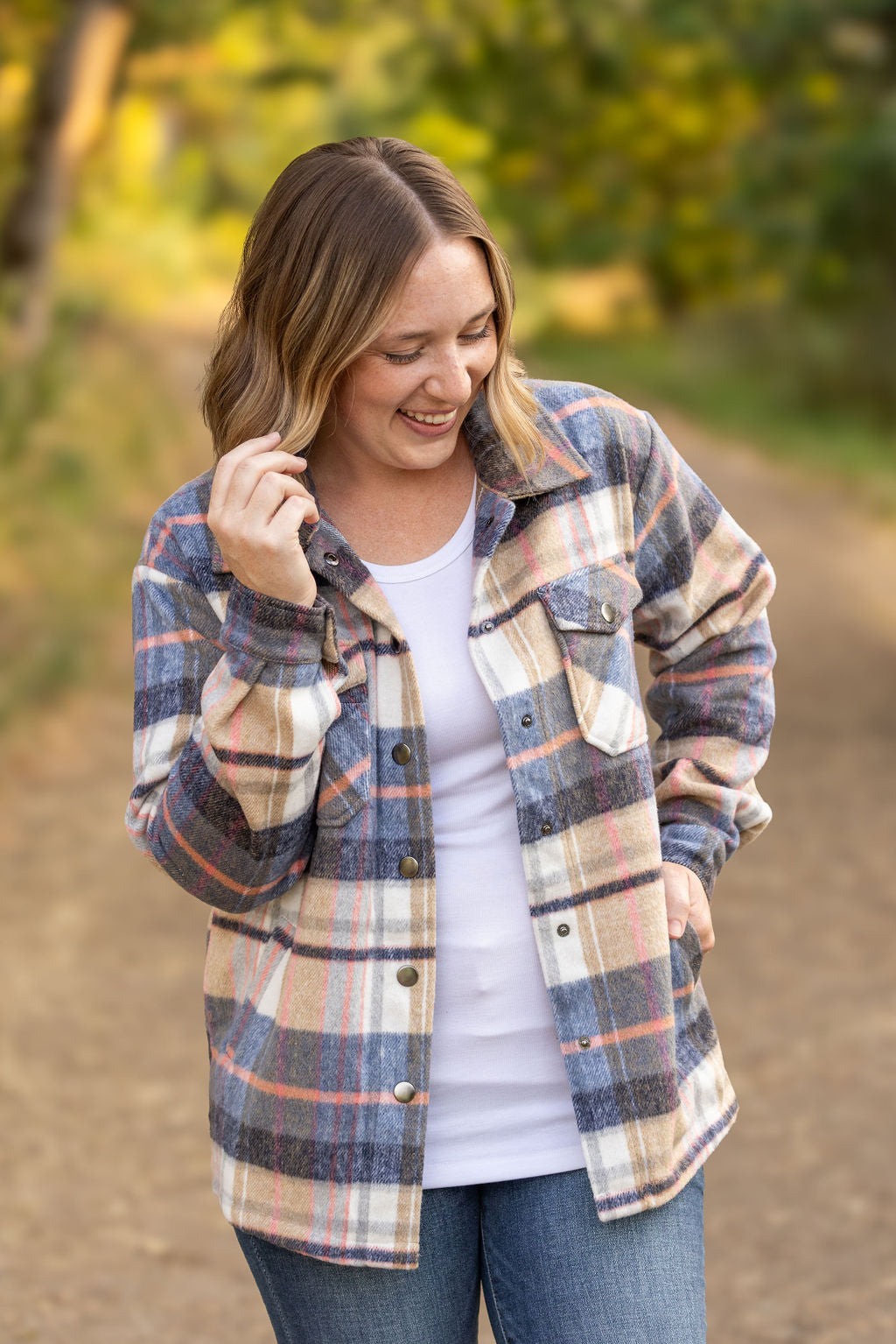 Norah Plaid Shacket - Tan and Blue