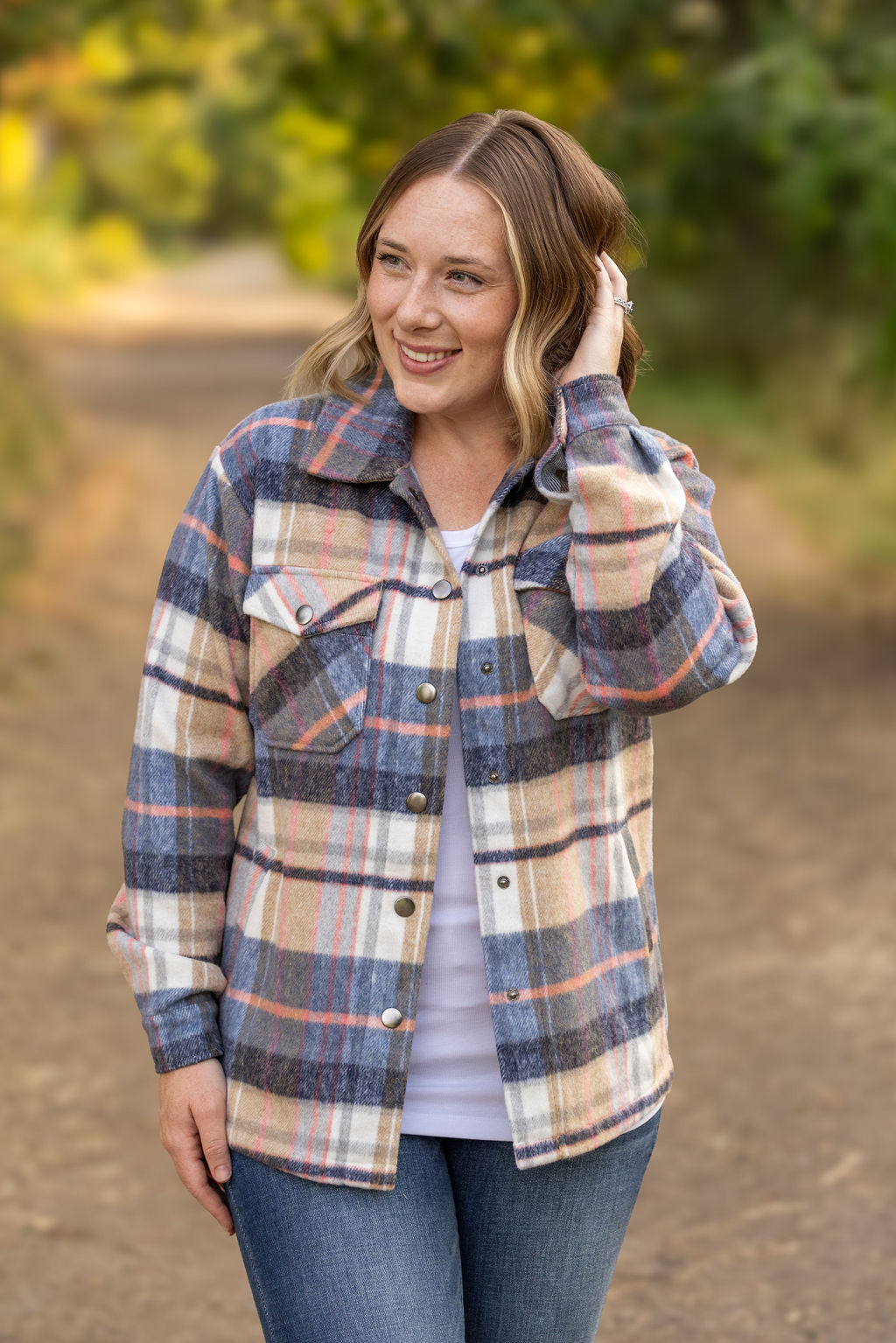 Norah Plaid Shacket - Tan and Blue