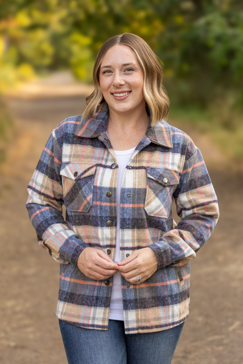 Norah Plaid Shacket - Tan and Blue