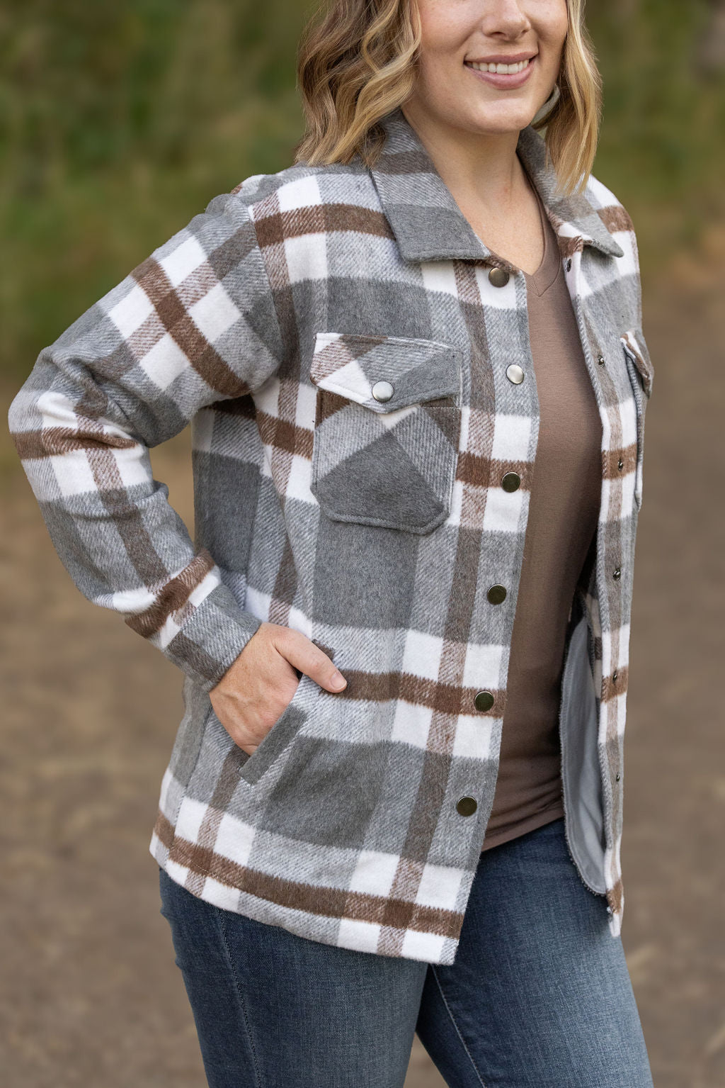 Norah Plaid Shacket - Grey and Tan