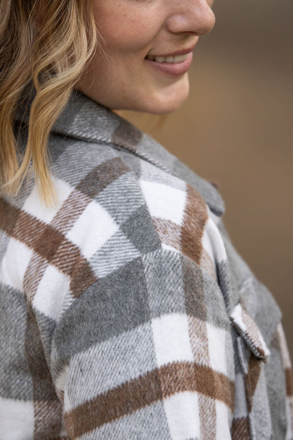 Norah Plaid Shacket - Grey and Tan