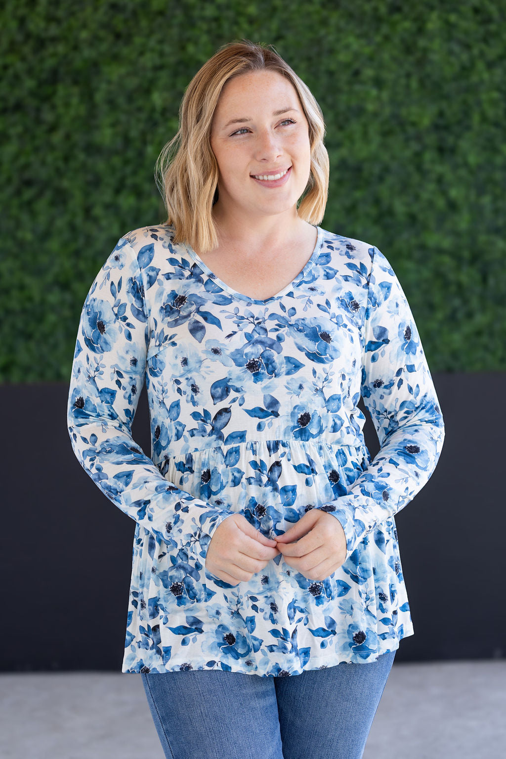 Long Sleeve Sarah Ruffle Top - Sapphire Floral