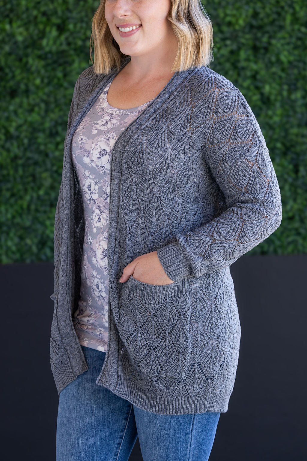Open Knit Cardigan - Grey