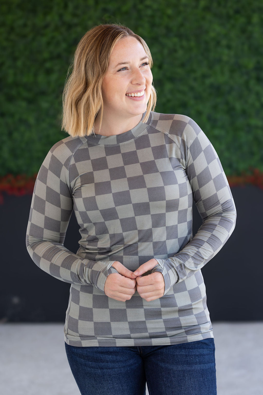 Blair Long Sleeve Top - Olive Checkers