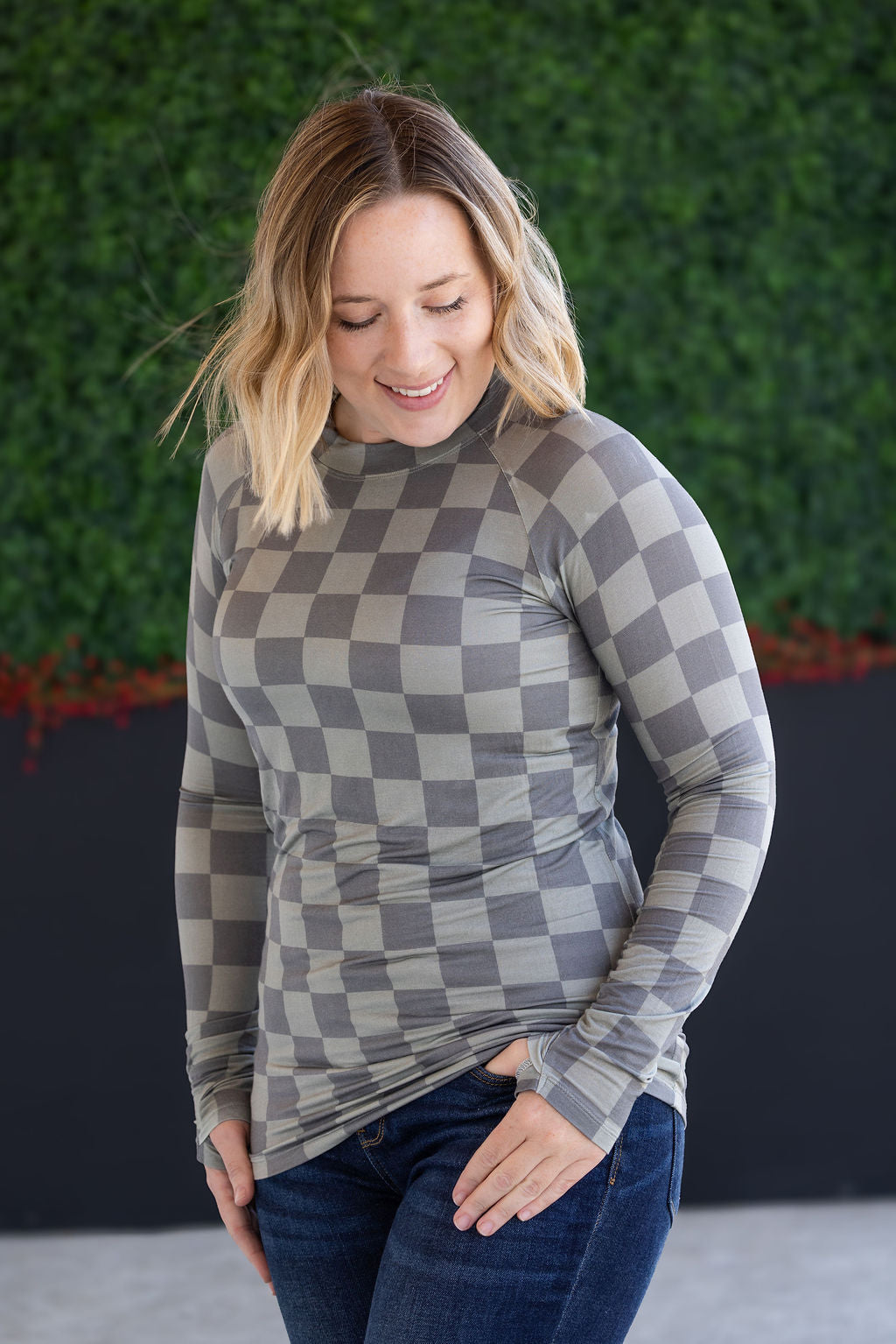 Blair Long Sleeve Top - Olive Checkers