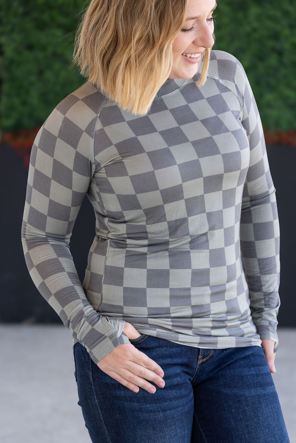 Blair Long Sleeve Top - Olive Checkers