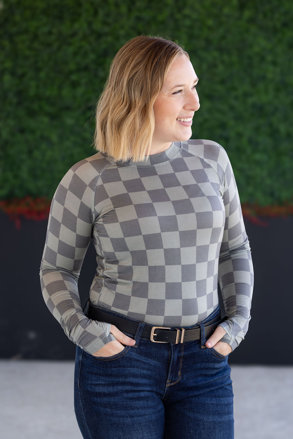 Blair Long Sleeve Top - Olive Checkers