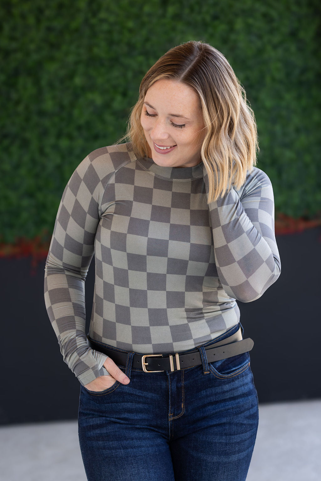 Blair Long Sleeve Top - Olive Checkers