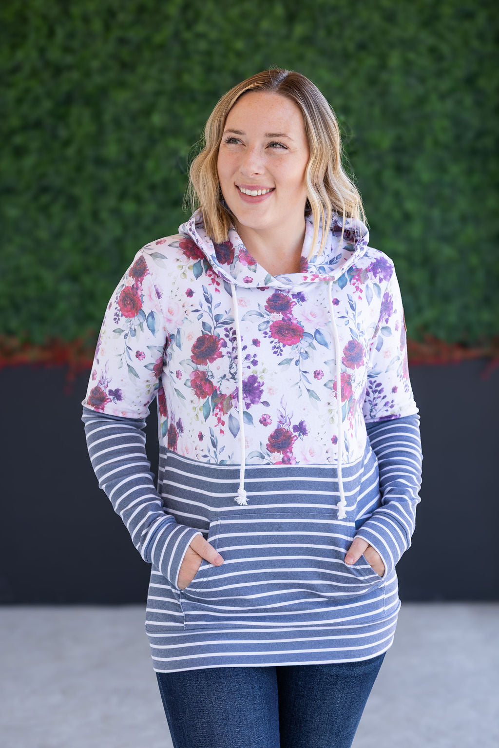 Hailey Pullover Hoodie - Burgundy Bloom and Grey Stripes