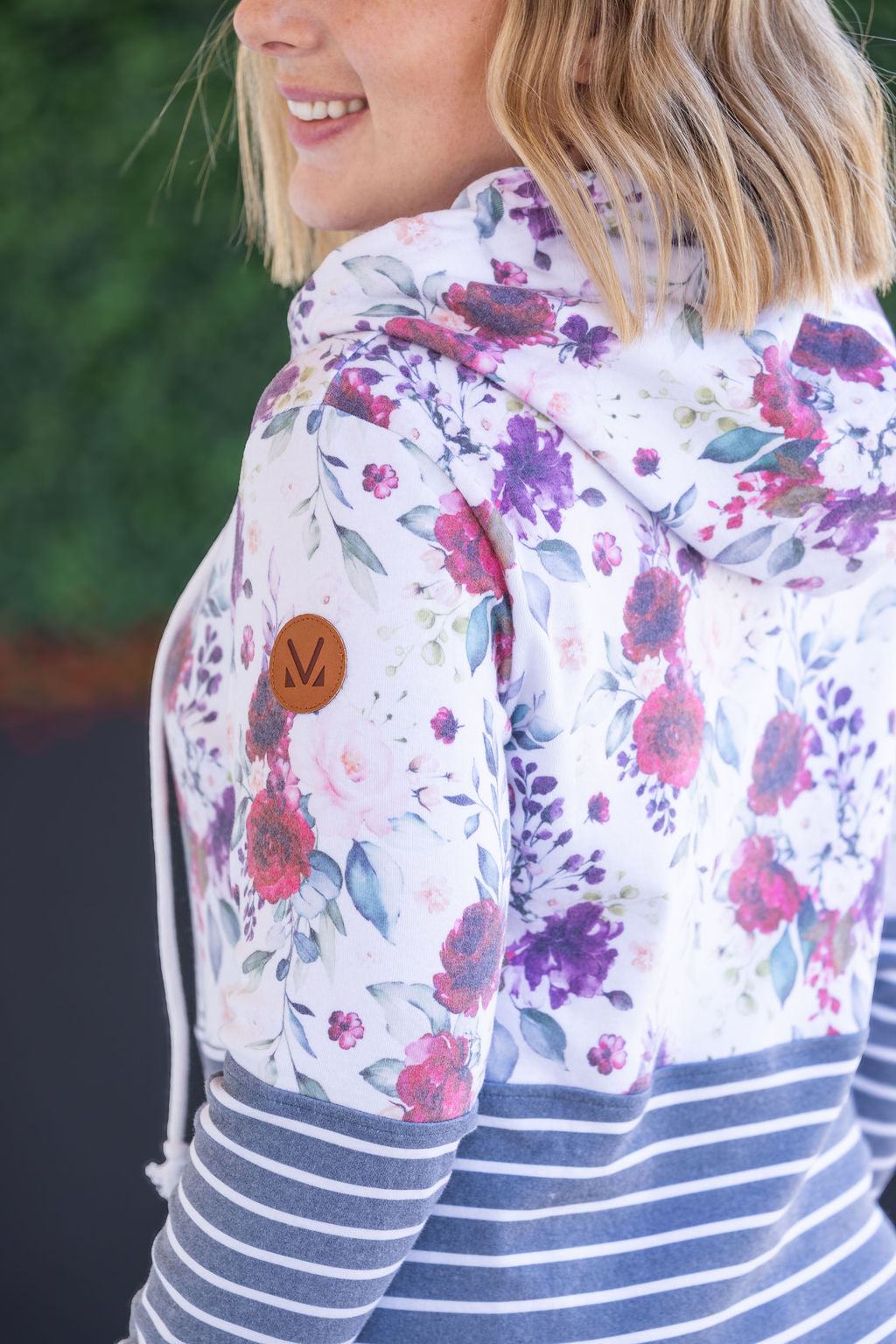 Hailey Pullover Hoodie - Burgundy Bloom and Grey Stripes