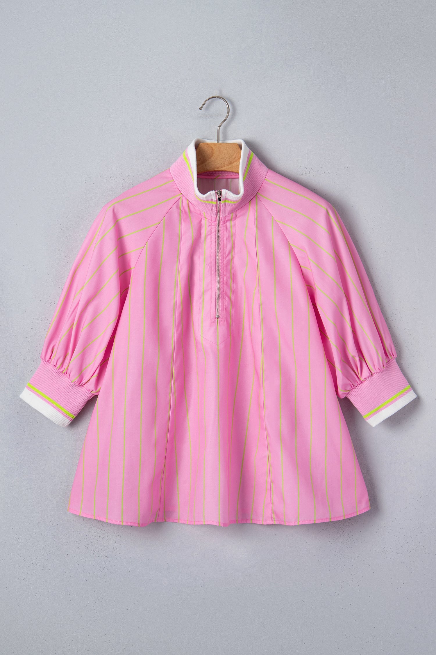Stripe Half Zip Collared 3/4 Sleeve Blouse
