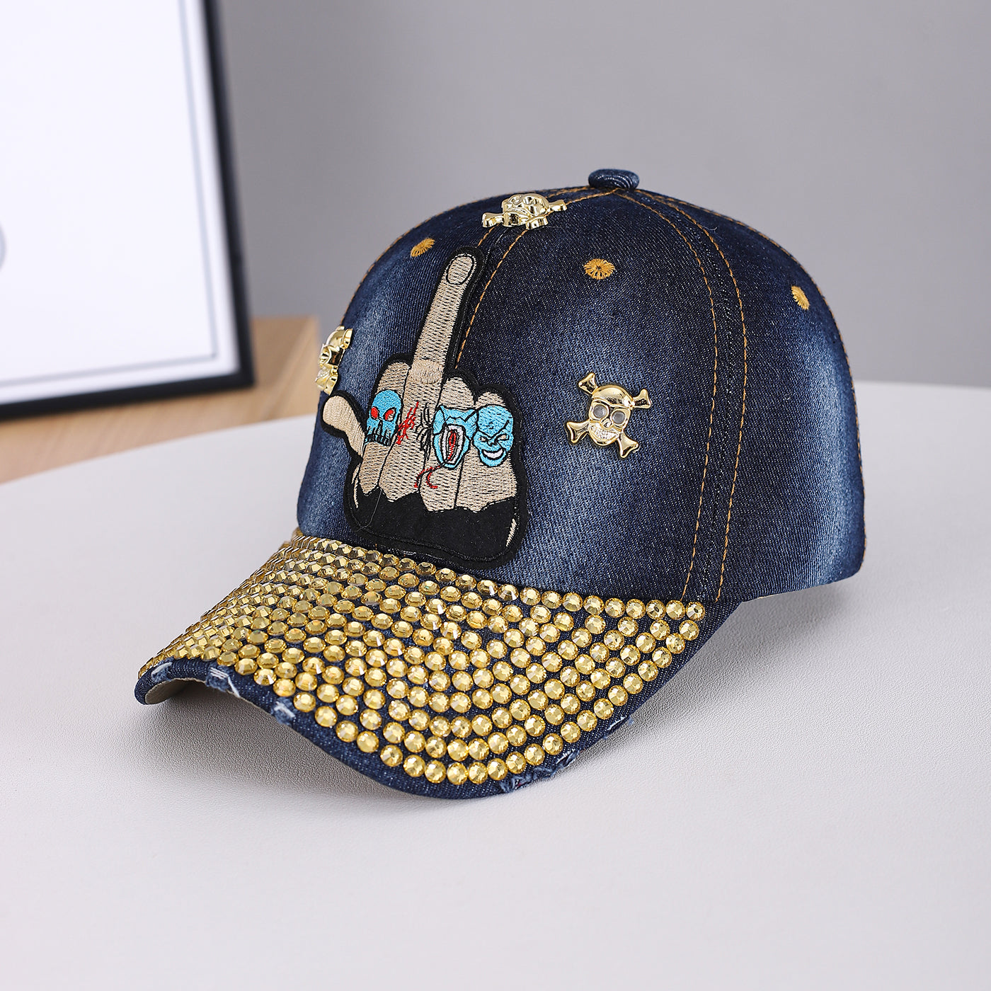 Metal Skull Diamond-Studded Flat Brim Snapback