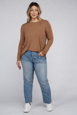 Plus Long Sleeve Round Neck Round Hem Top