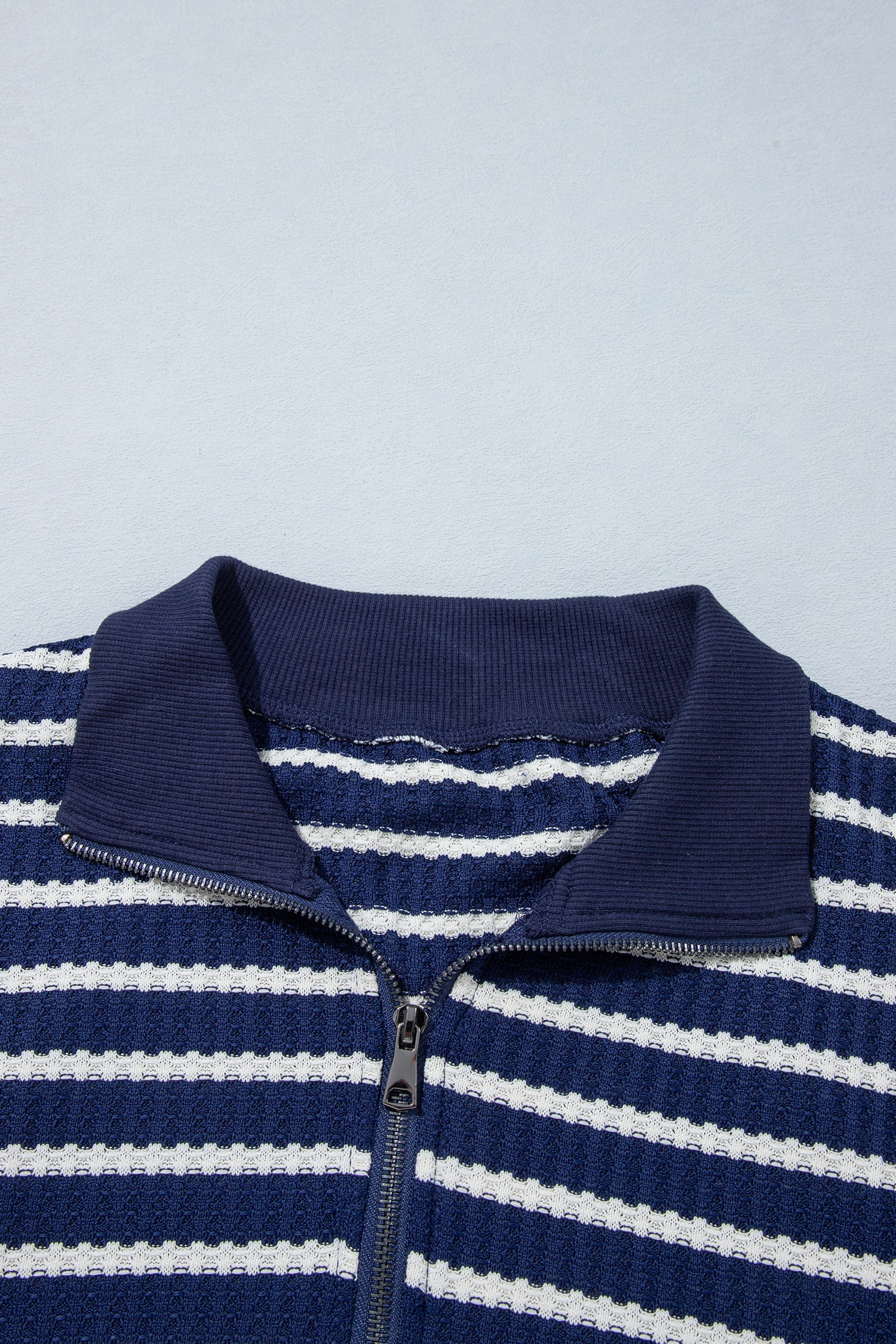 Stripe Half Zip Collared Long Sleeve Textured Knit Top