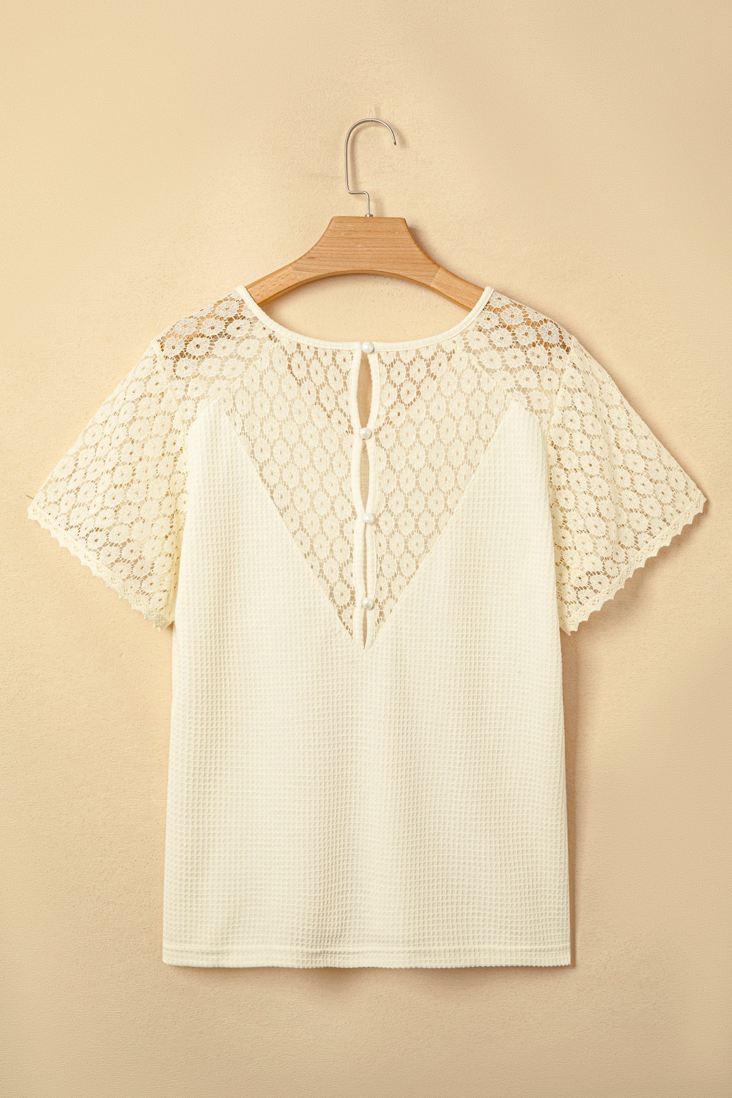 Lace Patchwork Buttoned Cutout Waffle Knit Blouse