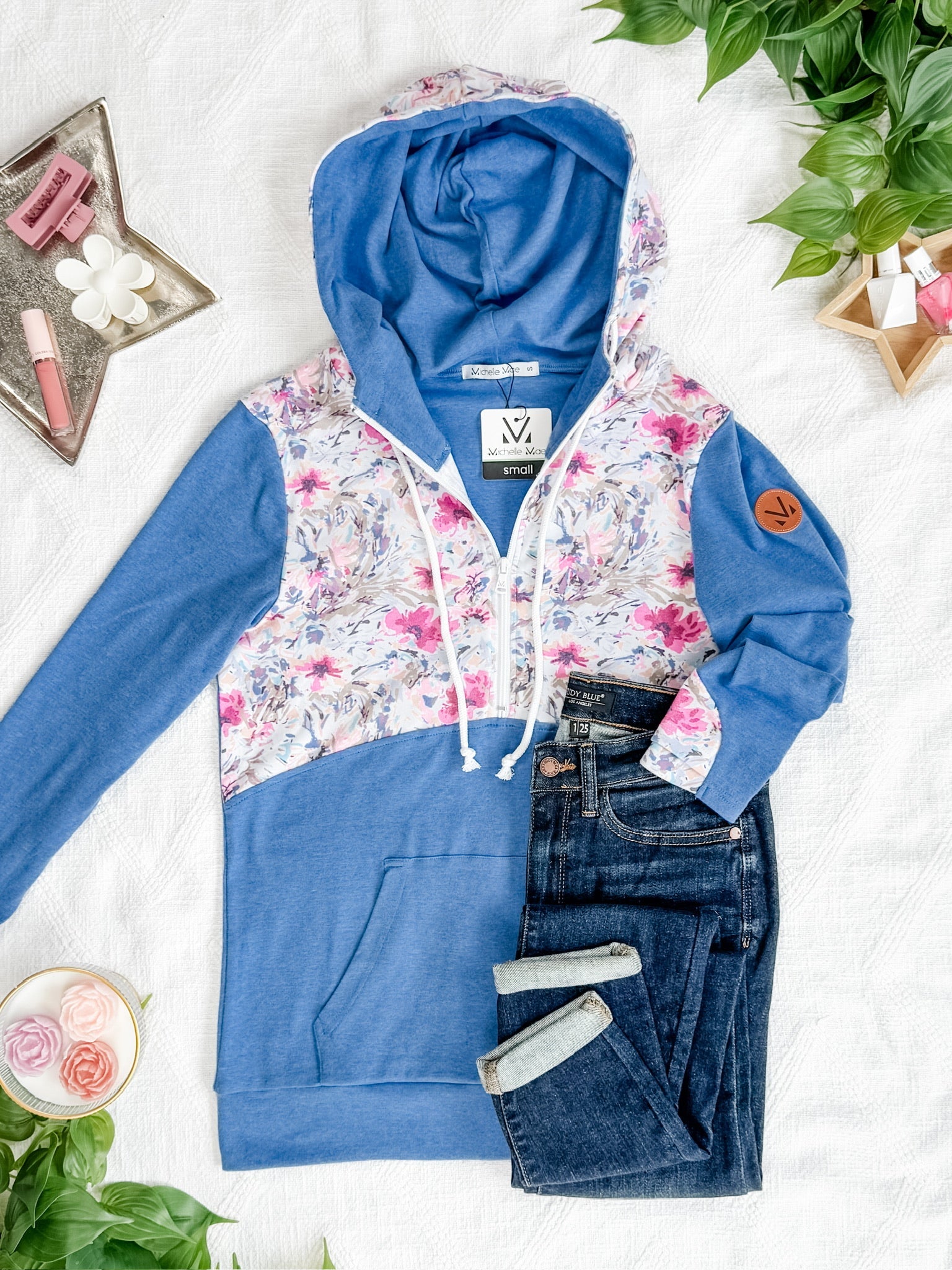 HalfZip Hoodie - Pink and Periwinkle Abstract Floral and Blue