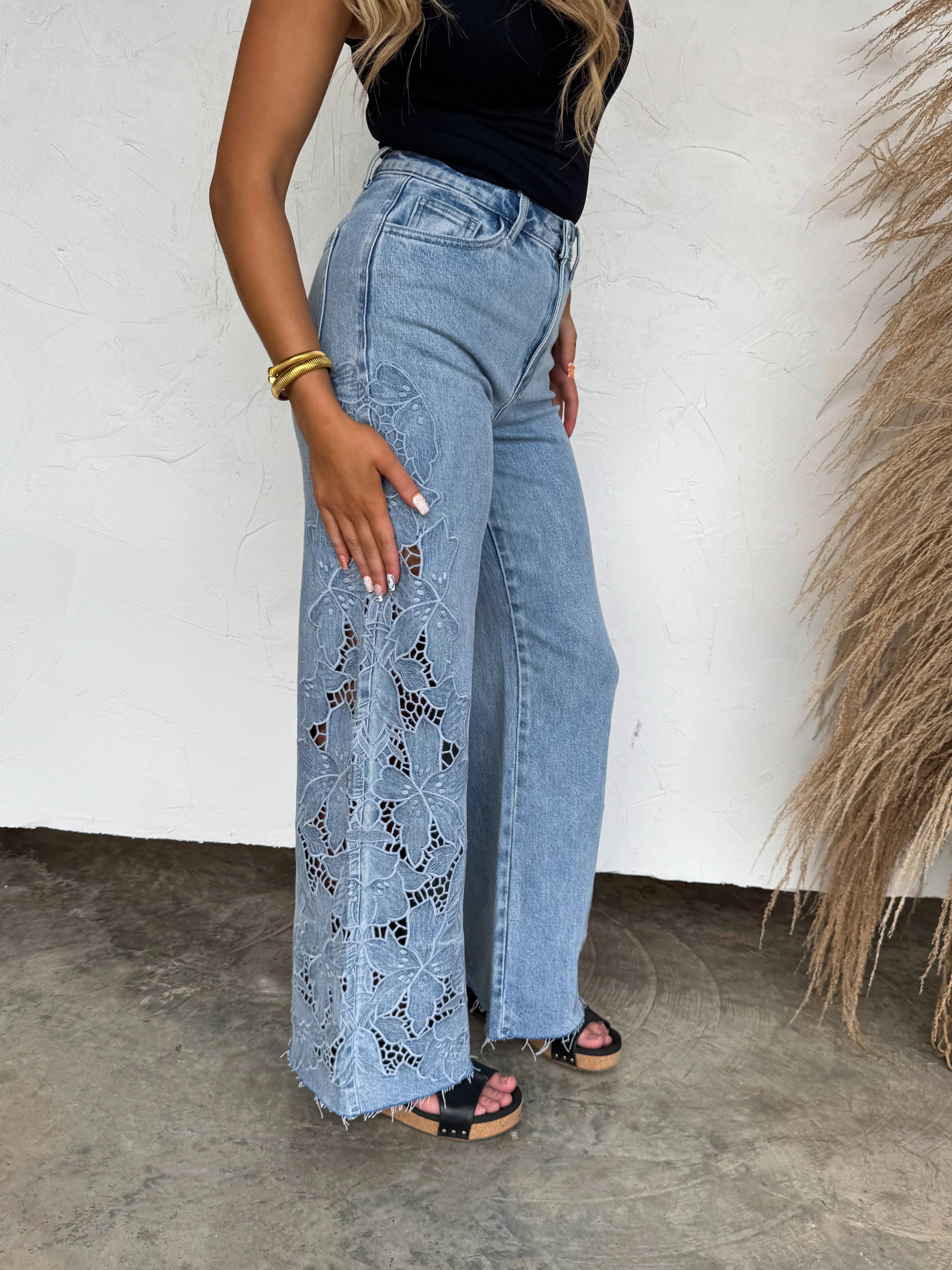 PREORDER-  FLORAL CHARM WIDE LEG JEAN