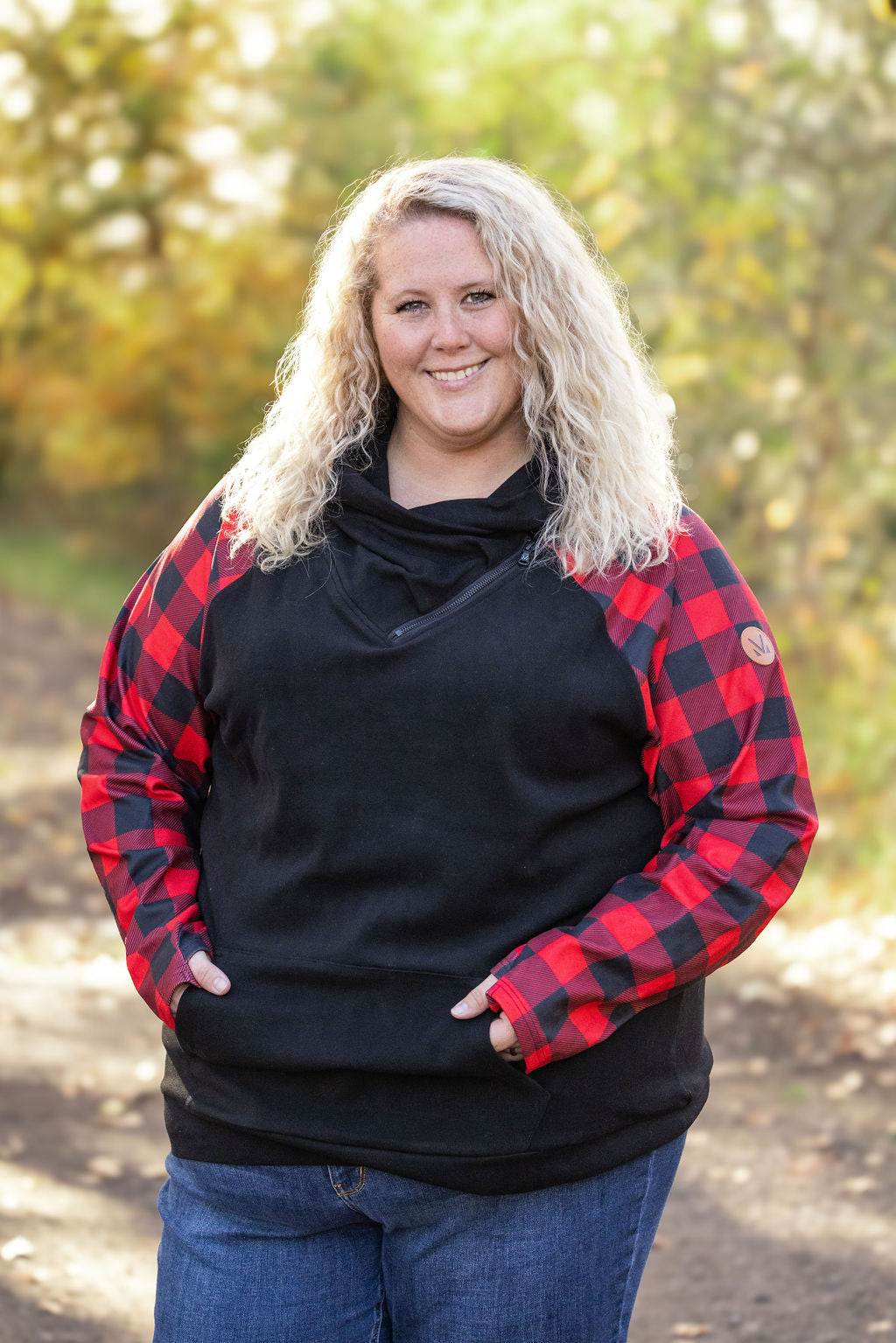 Zoey ZipCowl - Black and Buffalo Plaid