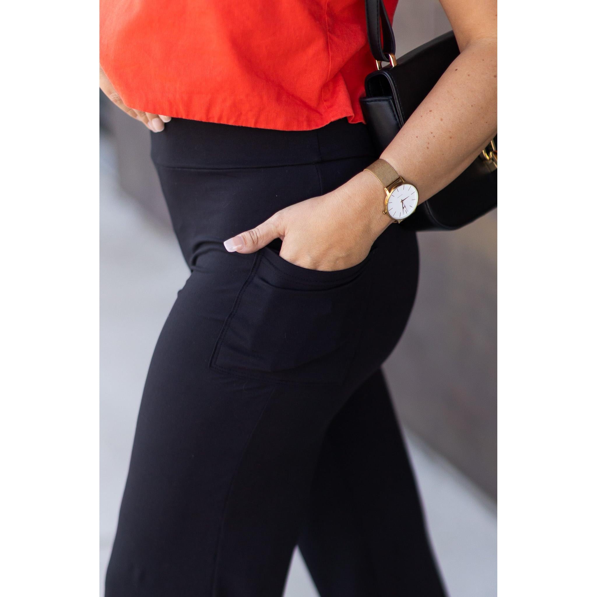 High-waisted black wide leg pants with pockets by Julia Rose, Julia Rose women’s wide leg pants lifestyle image