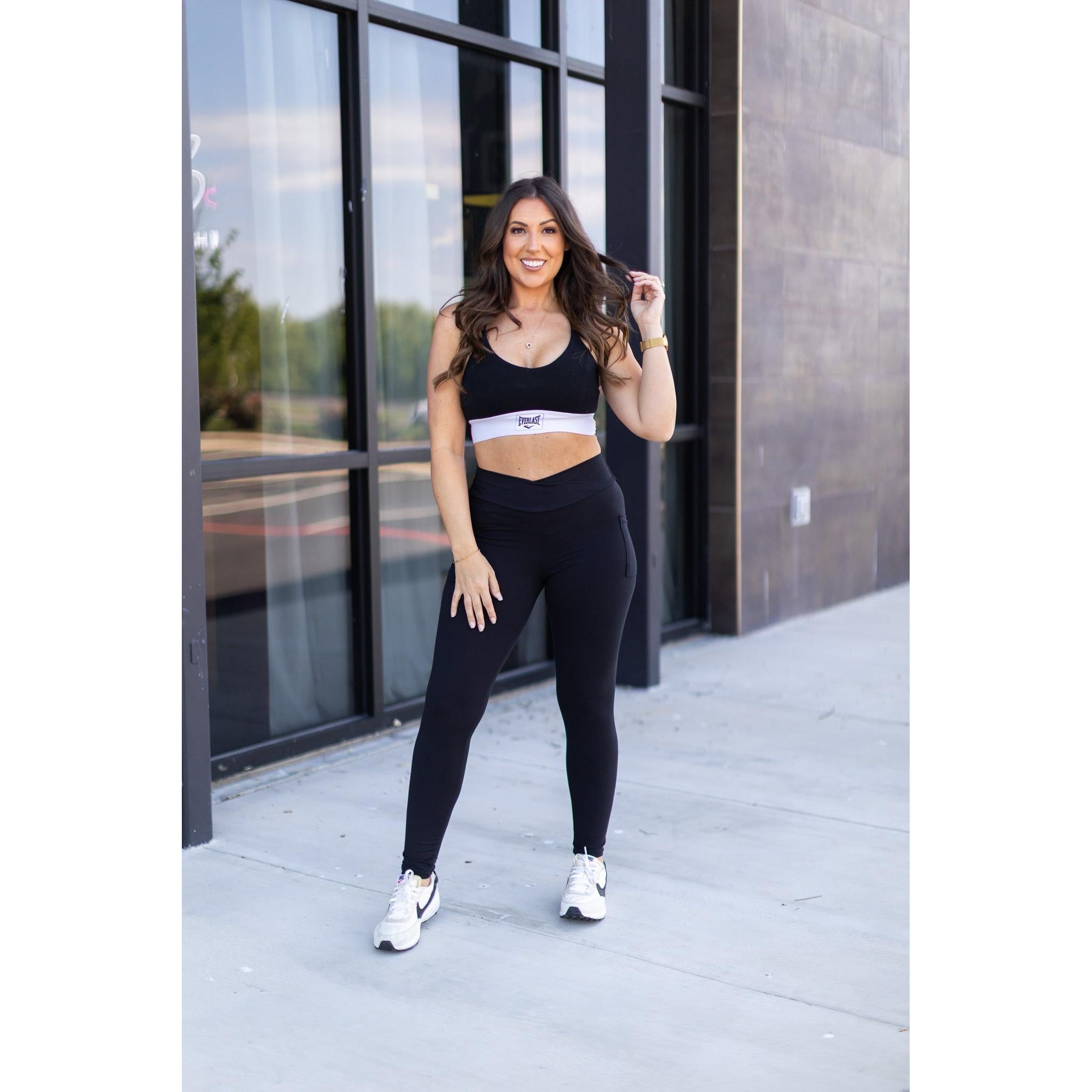 Julia Rose Stephanie crossover black pocket leggings, Women wearing black crossover leggings