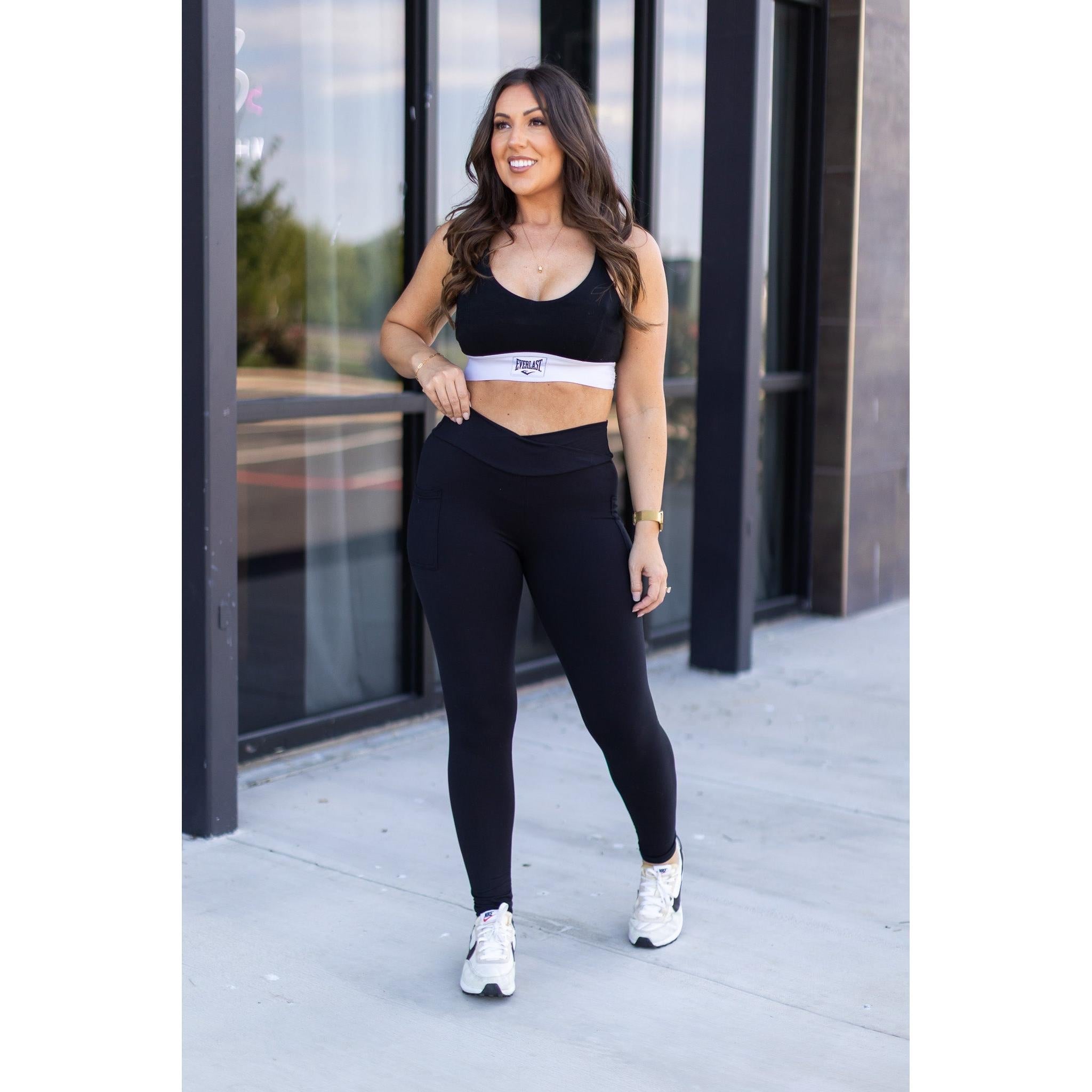 Julia Rose Stephanie crossover black pocket leggings, Women wearing black crossover leggings