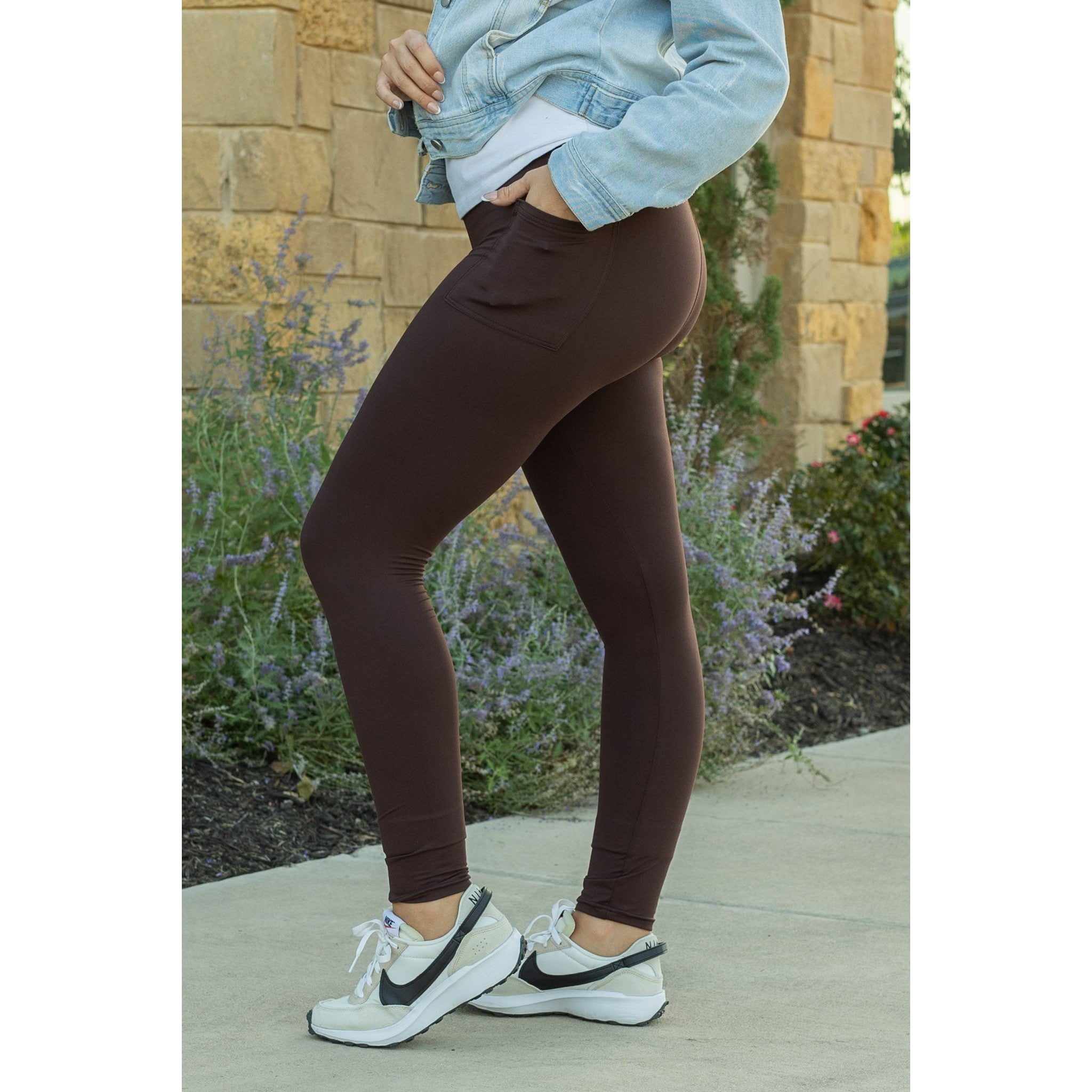 Buttery soft brown leggings for women, High-waisted brown leggings with side pockets.