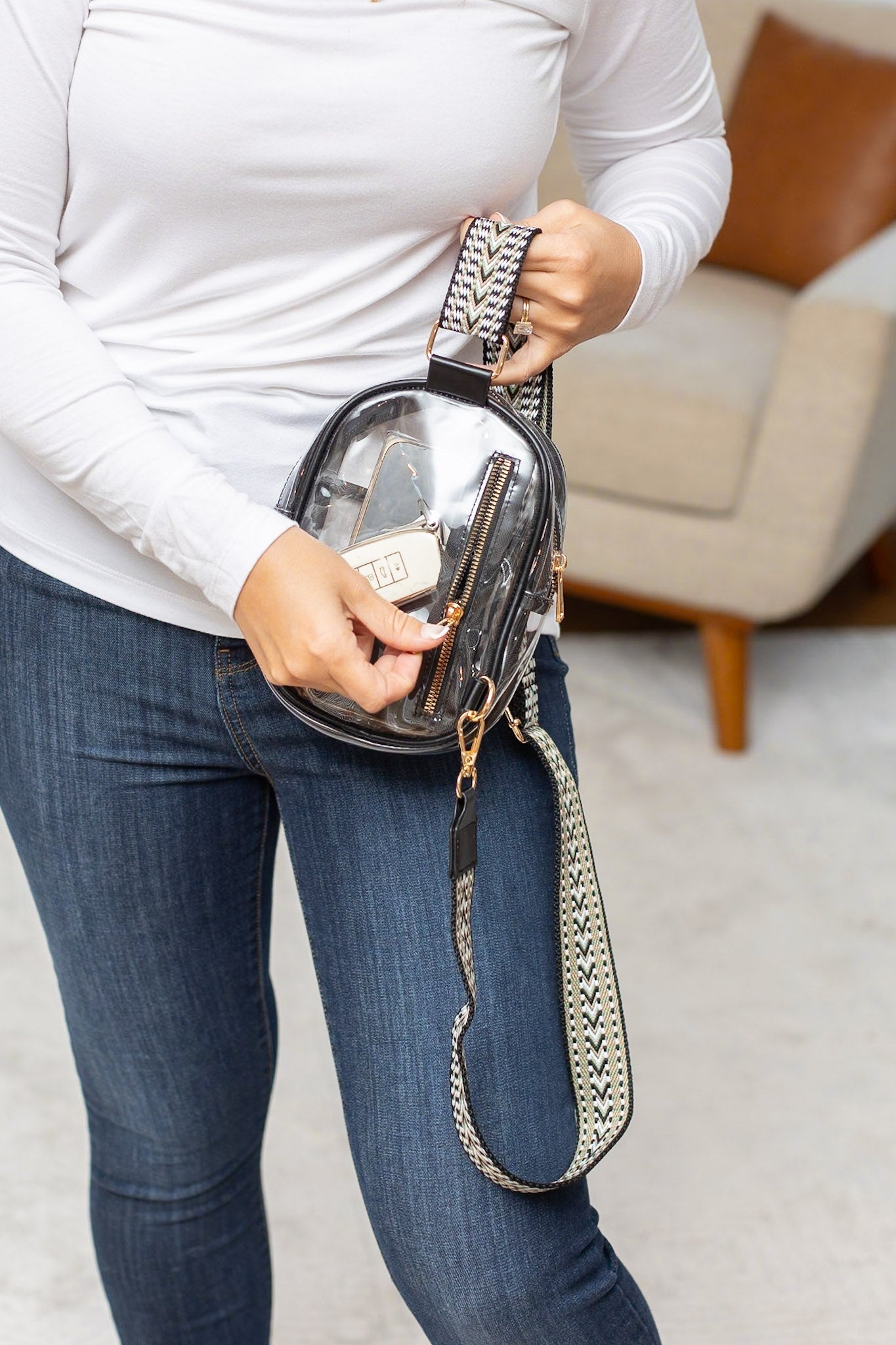 Clear Bag - Black Geometric Strap | Women's Crossbody Bag