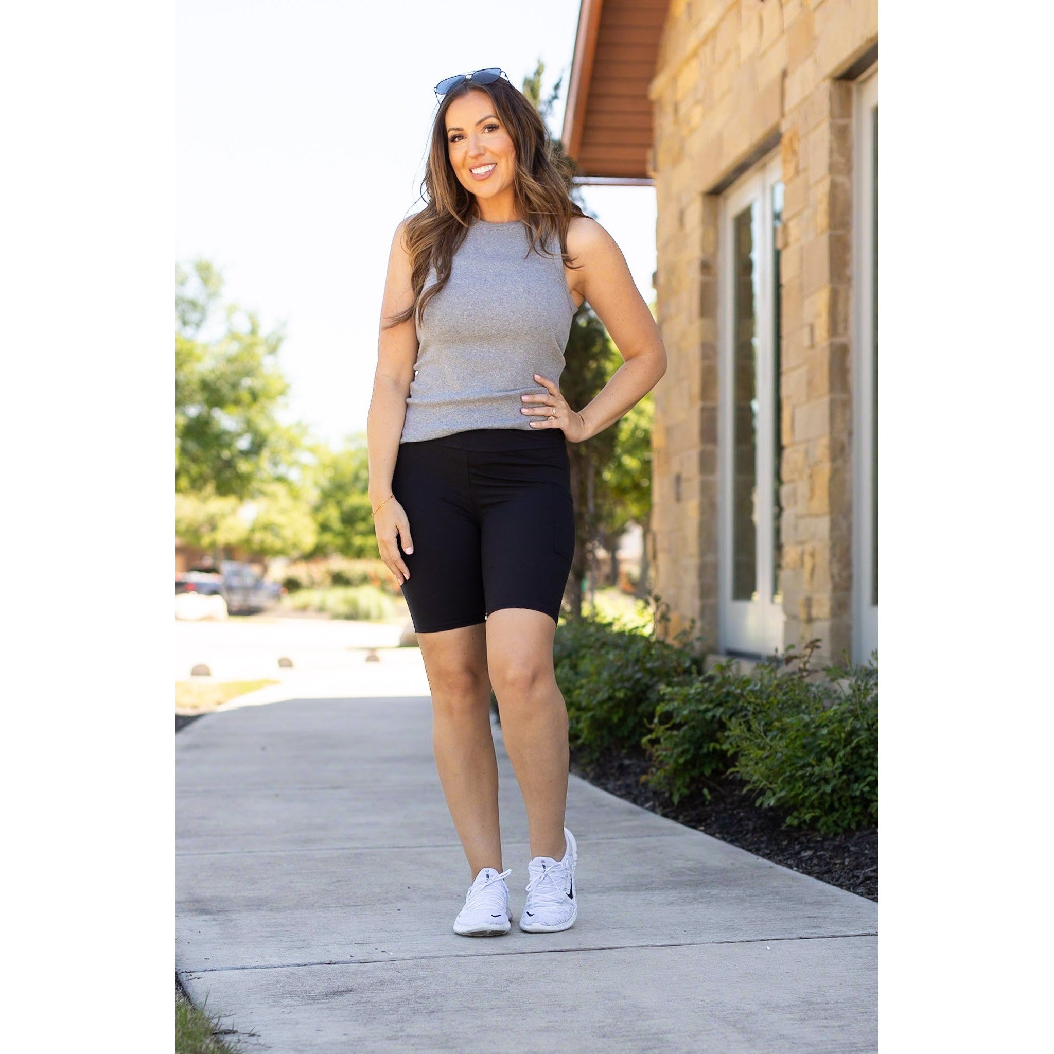 Julia Rose The Bree black 7-inch biker shorts, Women wearing black biker shorts high waisted