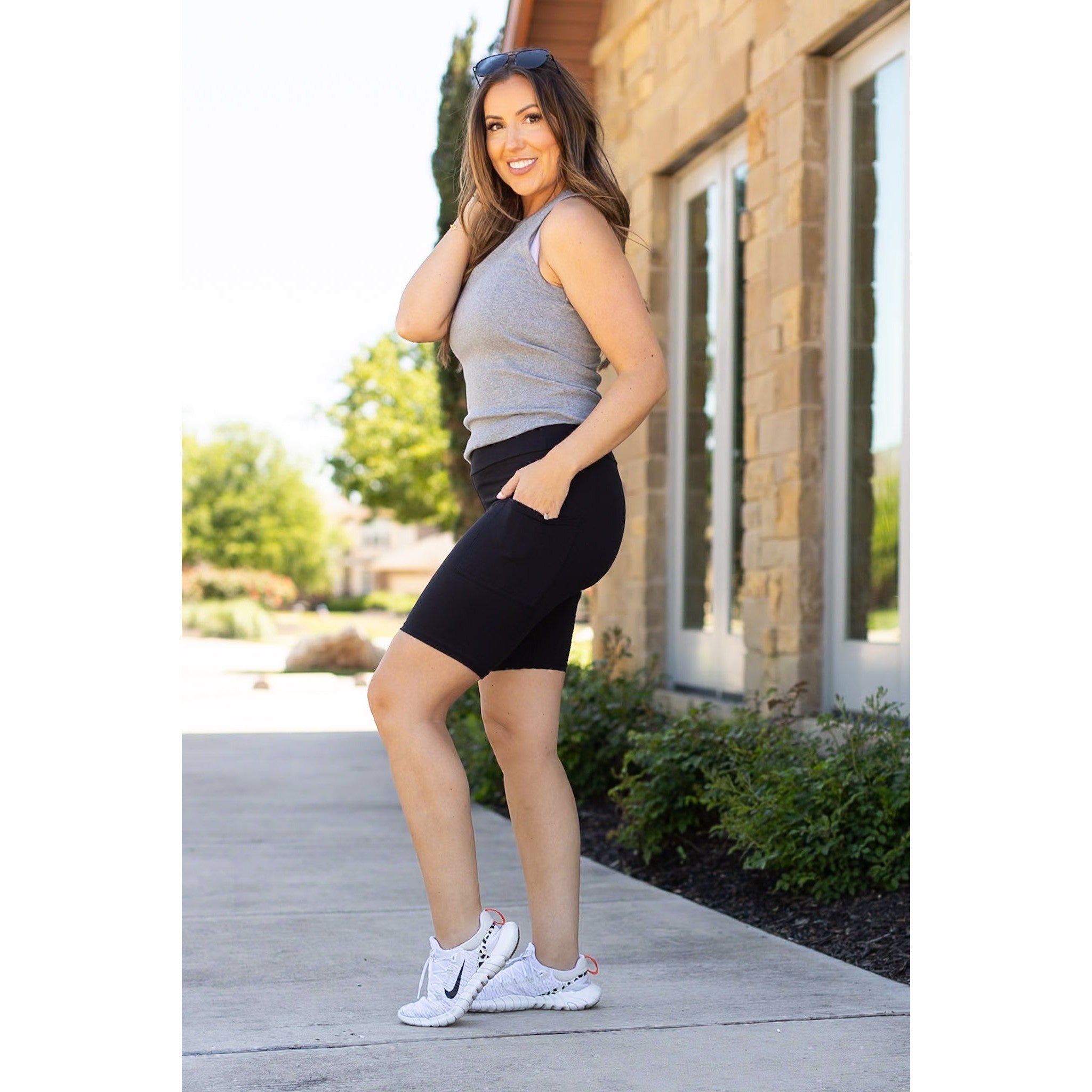 Julia Rose The Bree black 7-inch biker shorts, Women wearing black biker shorts high waisted