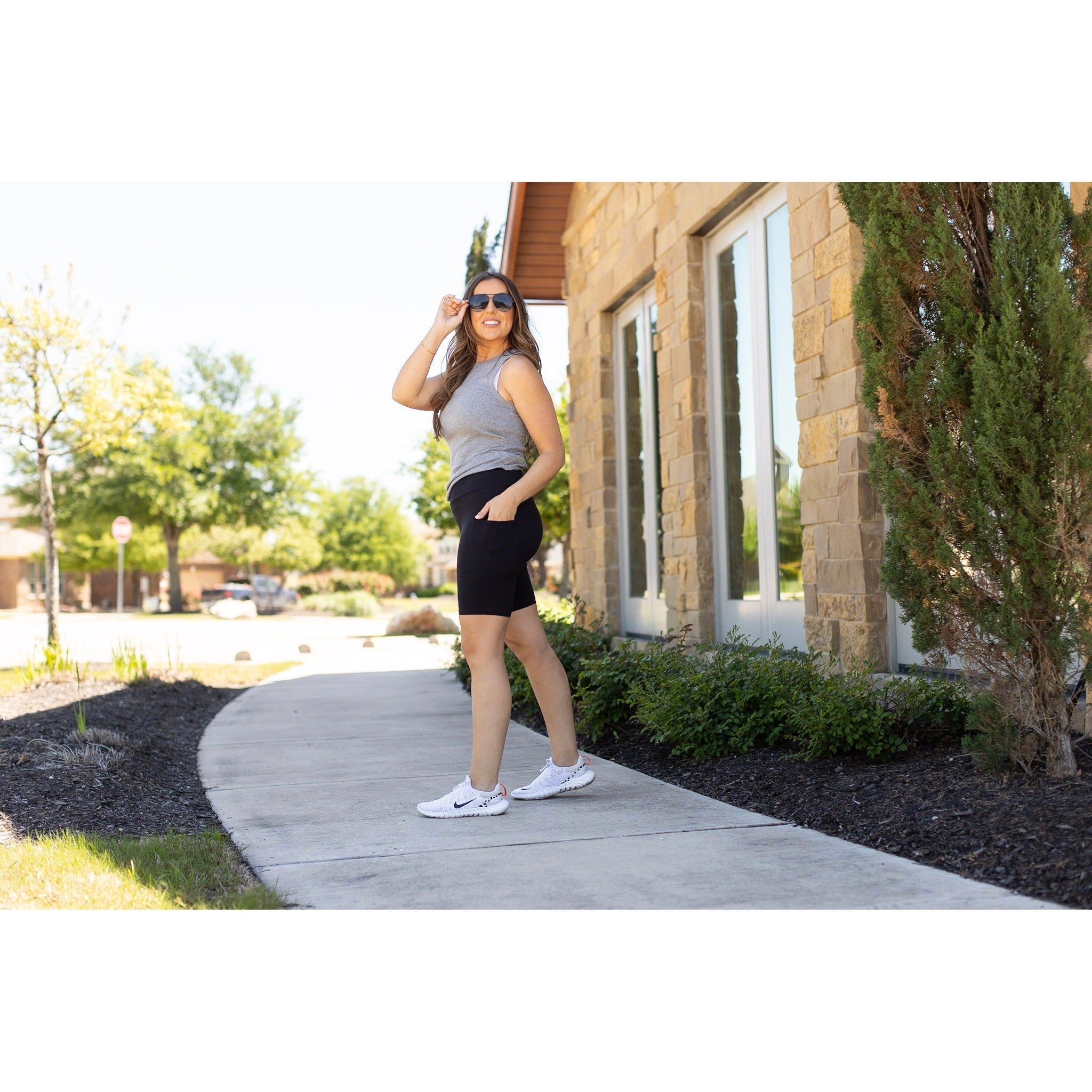 Julia Rose The Bree black 7-inch biker shorts, Women wearing black biker shorts high waisted