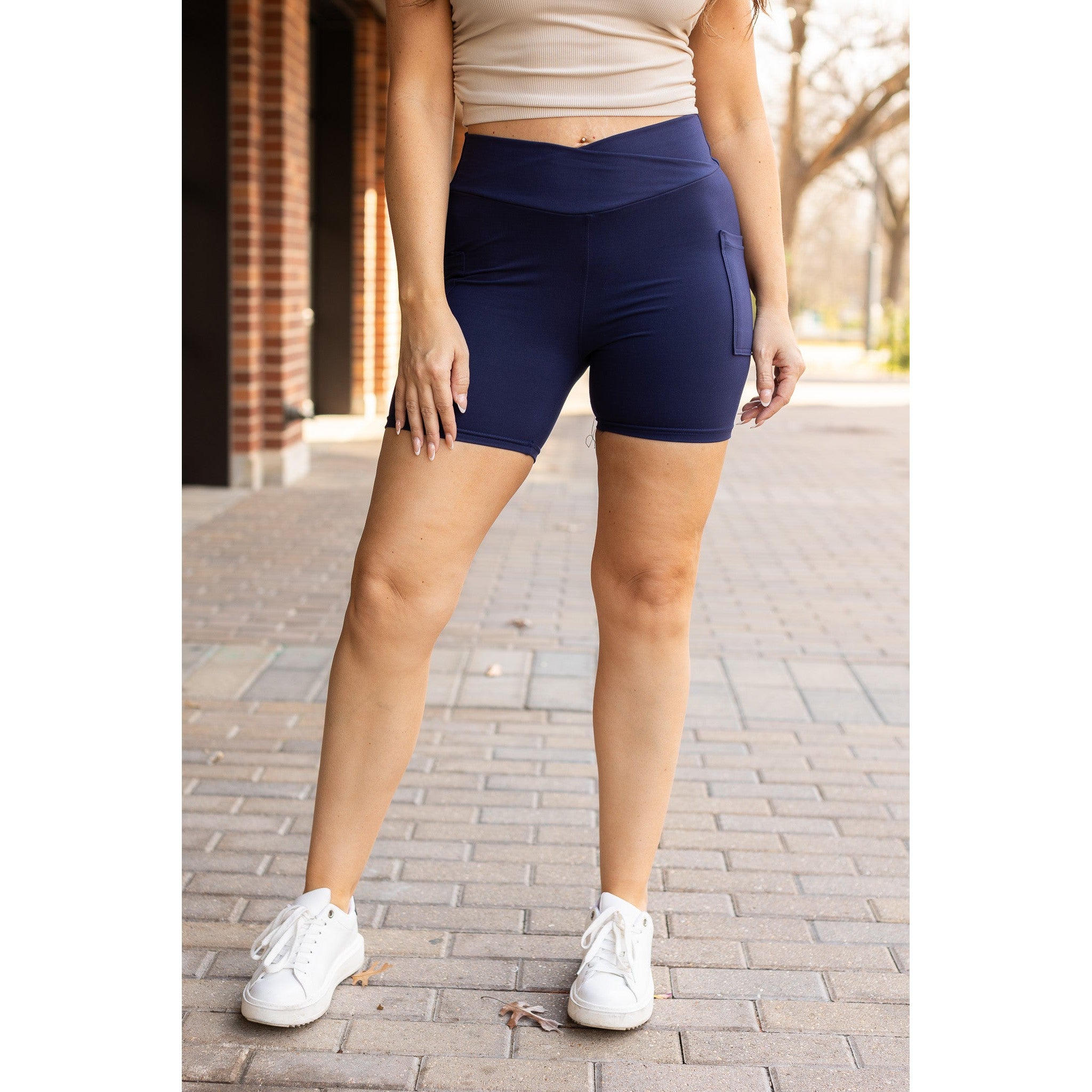 Julia Rose The Abby navy crossover 5-inch biker shorts high-waisted women’s shorts